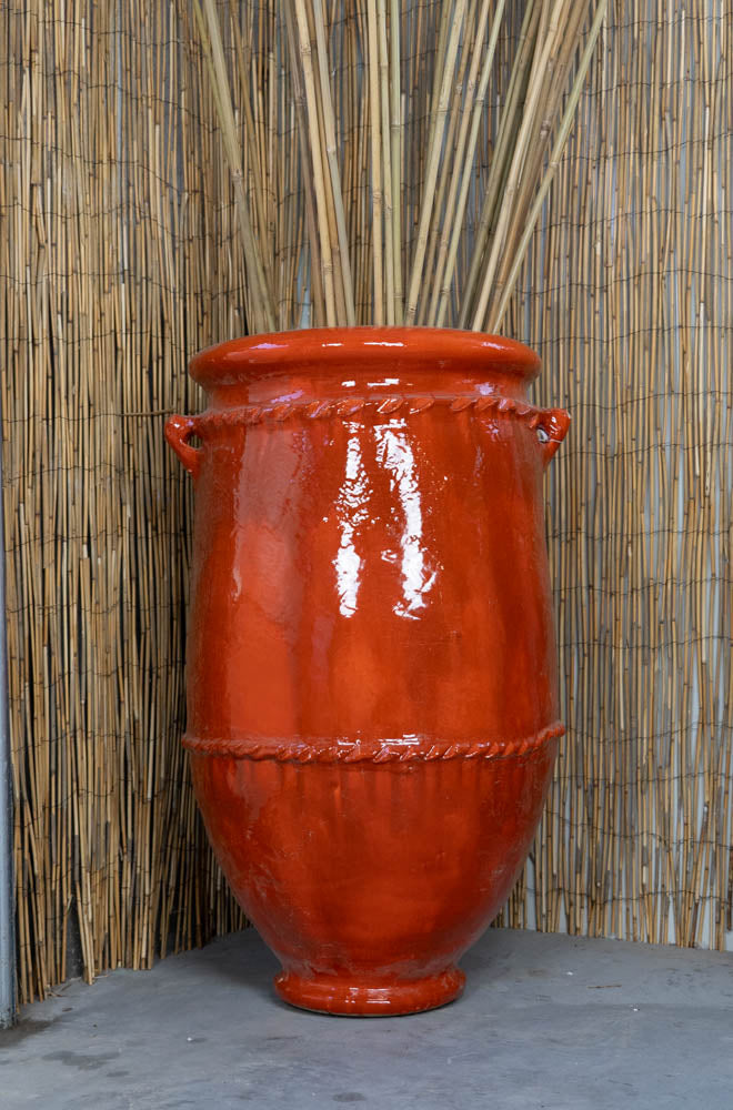 Grote Geglazuurde Keramieke Pot - 100 cm Hoog, Wit en Oranje, Bohemian Ibiza Stijl